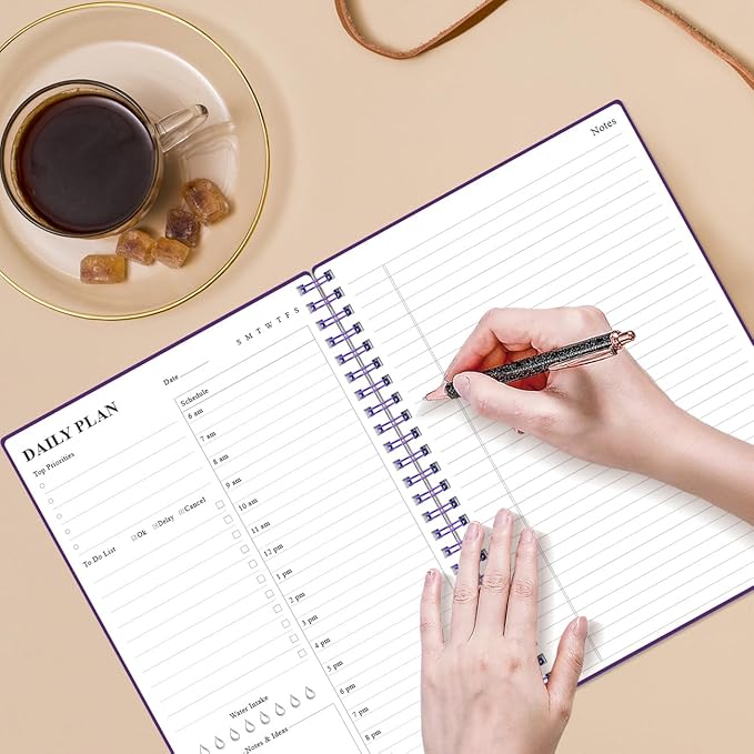 Daily Planner Undated - B5 To Do List Notebook Hourly Schedules, Spiral Appointment Planner for Women and Men, PVC Hardcover, Inner Pocket, Elastic Closure, 7" x 10", Purple