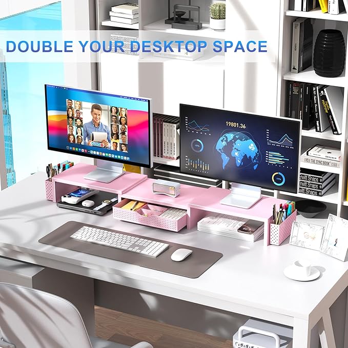 gianotter Dual Monitor Stand Riser, Desk Organizer With Drawer and 2 Pen Holders,Desk Organizers and Accessories, Pink Office Supplies (Pink)