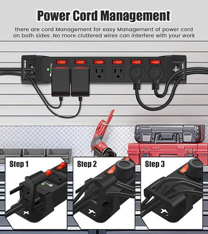 Heavy Duty Power Strip,6 Outlets Metal Power Strip with Individual Switch & Cord Management,Mountable Surge Protector 1200J,15FT Extension Cord(Black,15 FT)