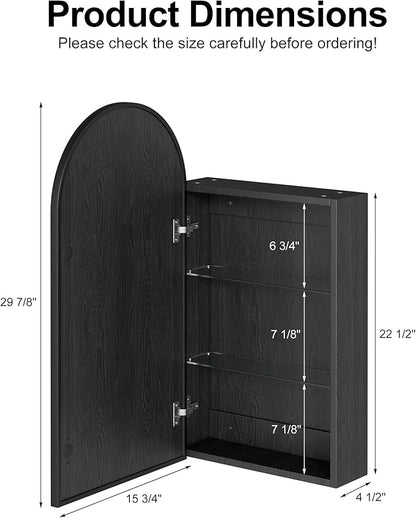 Arched Medicine Cabinet with Mirror, Brushed Black Wall Mounted Bathroom Mirror Cabinet, 3 Adjustable Shelves Storage, Reversible Door Opens Left to Right, Modern Metal Frame, 16 x 30 Inch