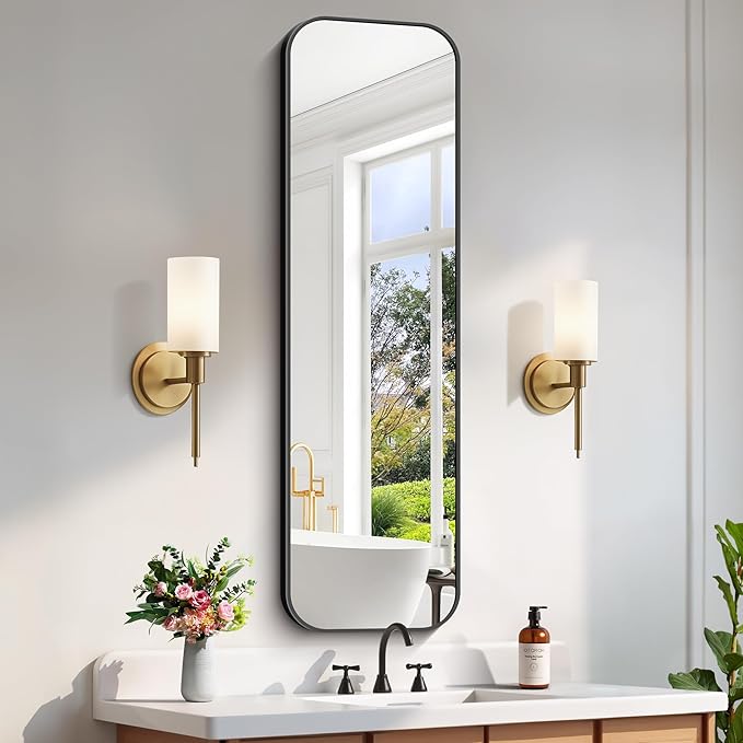 FORBATH Bathroom Mirror 55" x 16", Rectangle Black Bathroom Mirror with Black Aluminum Frame Rounded Corner, Wall Mounted Mirror for Bedroom Entryway Living Room