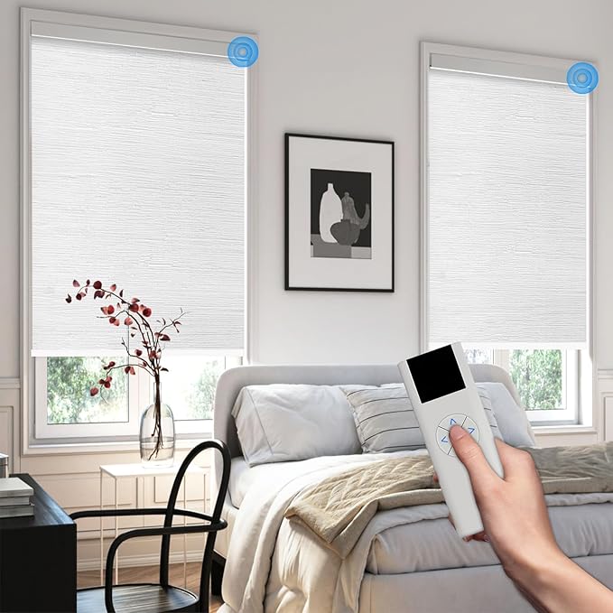COOLWINDS Motorized Blinds with Remote Cordless Automatic Motorized Shades Custom Blinds for Windows Smart Curtains Compatible with Alexa Google Home(Blackout Jacquard White,W34 x H72in)
