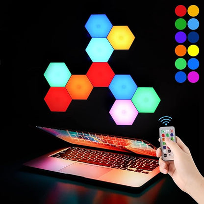 Vcwtty Hexagon Lights, Smart LED Wall Lights with Remote, 13 Colors Touch-Sensitive DIY Modular Assembled RGB Wall Panels, Hex Light with USB-Power for Autism, Game Room Decor, Party (10 Pack)