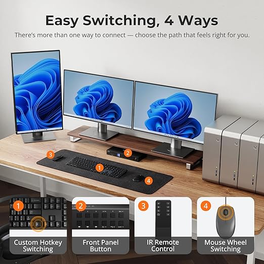 TESmart USB 3.0 KVM Switch 3 Monitors 4 Computers 4K@60Hz, HDMI+DP KVM Docking Station, EDID Emulators, 1G Ethernet, Hotkey Switch, 2K@144Hz for Gaming & Home Office, Audio & Mic with All Input Cables