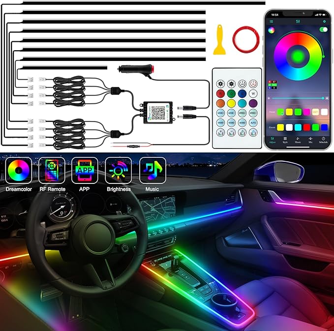 Jushope Interior Car LED Strip Lights, Acrylic LED Lights for Car with Dynamic Dreamcolor Chasing, Ambient Lighting Kits Music Sync Wireless APP and RF Remote Control (8 in 1)