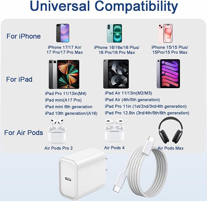iPhone 17 16 15 Pro Max Charger Fast Charging 3Pack 20W Apple Fast Charger USB C Block with Cord for iPhone 17/17 Pro/17 Pro Max/17 Air/16/16e/16 Plus/16 Pro/16 Pro Max/15/15 Pro Max/iPad Pro/Air Pods