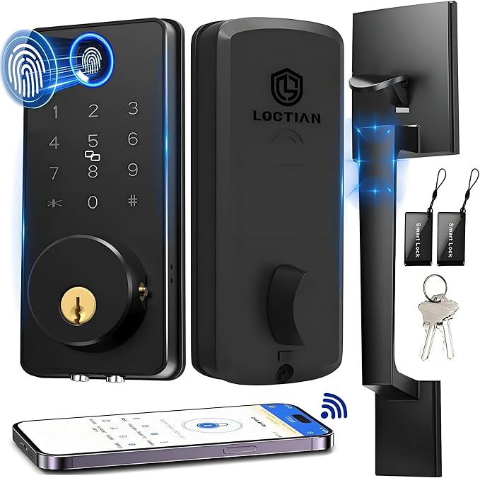 Smart Keyless Entry Door Lock Set w/Front Door Handle, 0.1s Fingerprint Biometric Unlock, APP/Passcodes/Cards Control, Auto Lock Keypad Deadbolt, Easy Install for Entry Bedroom