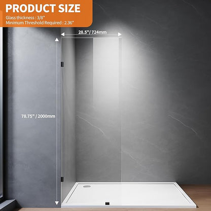 Shower Glass Panel, Fixed Shower Screen Panel with 3/8"(10mm) SGCC Ultra Clear Tempered Glass, Frameless Walk in Shower Door with Easy‑Clean Coating (Matte Black, 28.5" W x 78.75" H)