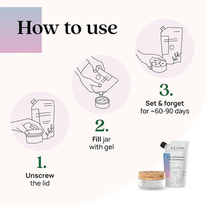 Azuna Air Freshener & Odor Eliminator for Strong Odor | 1 Room Kit Includes (1) Empty Luxe Glass Jar & 8oz Refill with Tea Tree Essential Oil Gel | Aromatherapy | Last 60-90 Days