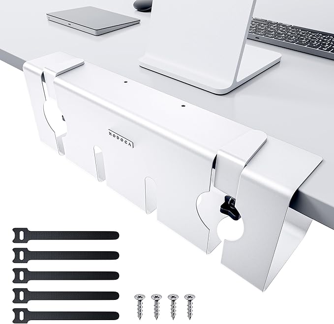 NODOCA No Drill Under Desk Cable Management Tray, 17'' Wire Management, Punch-Free Clamp on, Metal Cable Tray, Wire Organizer Under Desk, Under Dessk Basket for Office and Home, White