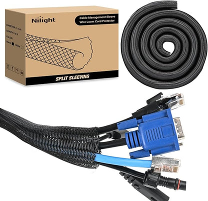 Nilight Cable Sleeve, 10ft-1inch Cord Management Sleeves, Braided Sleeving, Split Self Wrapping Wire Loom for Computer Electrical Automotive Harness Protector Organizer, Black