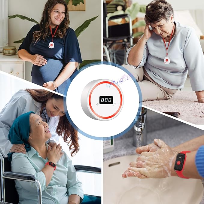 Wireless Caregiver Pager Call Button Emergency Calling System 328 Feet 1 Call Button/1 Watch Button/1 Receiver Nurse Alert System for Elderly Patient Disabled (1 Red H1+1 3DB+M2)