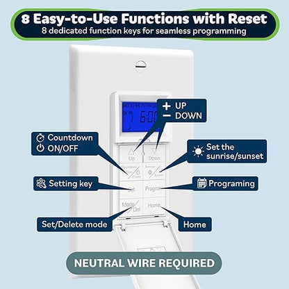 TOPGREENER Digital Astronomic Timer Switch, 7-Day Programmable Sunrise Sunset Timer for Lights, Fans, & Motors, Single-Pole or 3-Way, Neutral Wire Required, UL Listed, TGT01-HN-W, White
