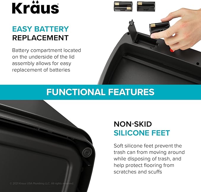 Kraus GarbagePro Rectangular 13 Gallon Hands-Free Motion Sensor Trash Can Battery Operated in Matte Black Finish with SoftShut Touchless Lid, KTCS-10MB