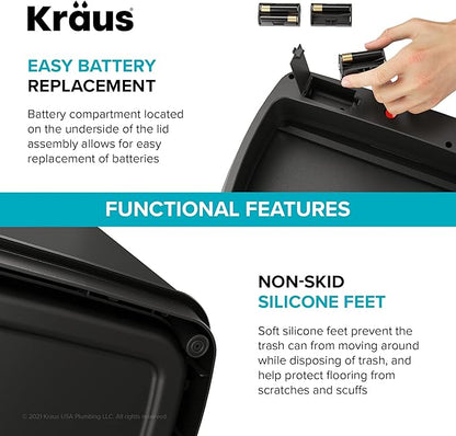 Kraus GarbagePro Rectangular 13 Gallon Hands-Free Motion Sensor Trash Can Battery Operated in Matte Black Finish with SoftShut Touchless Lid, KTCS-10MB