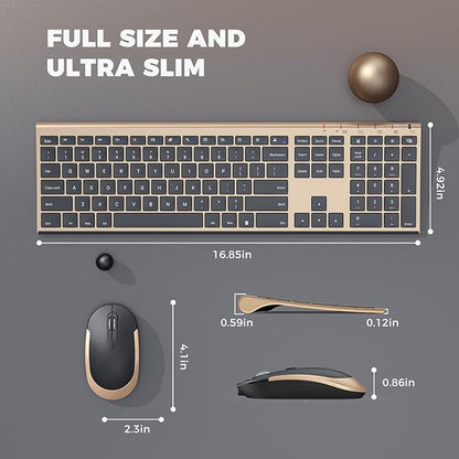 Wireless Keyboard and Mouse, Vssoplor 2.4GHz Rechargeable Compact Quiet Full-Size Keyboard and Mouse Combo with Nano USB Receiver for Windows, Laptop, PC, Notebook-Black Gold