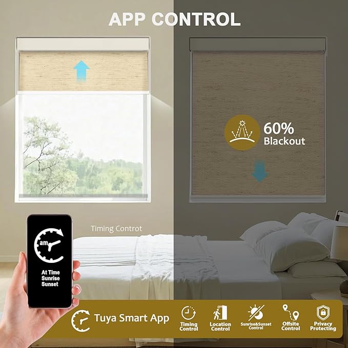 COOLWINDS Motorized Blinds with Remote Cordless Automatic Motorized Shades Custom Blinds for Windows Smart Curtains Compatible with Alexa Google Home(Light Filtering Linen Soft Dunes,W50 x H72in)