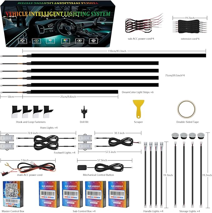 New Version Dreamcolor Acrylic Car Interior Lights 18 in 1 RGB Car Ambient Lighting Kit APP Control Zoned Control System 252 Color Modes DIY 16 Million Colors Music Sound Active Neon LED Strip Lights