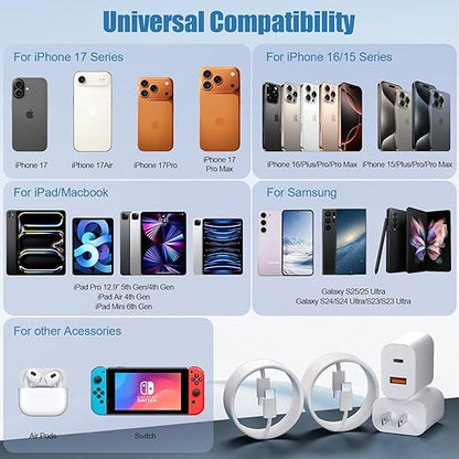 Dual Port USB A/C Charger for iPhone 17 16 Pro 10FT Woven USB C Fast Cable,2Pack Type C Charger Block USB C Nylon Braided Cable Cord for iPhone 17/17 ProMax/17 Air,16/16 ProMax/16e,15 Pro Max/15 Plus