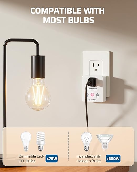 DEWENWILS Matter Plug in Dimmer Switch for Lamp, Works with Alexa, Compatible with Google Home & SmartThings APP Voice Wireless Dimmer Button Control, Dimmable LED/Tungsten Bulbs, 2.4G Wi-Fi, White