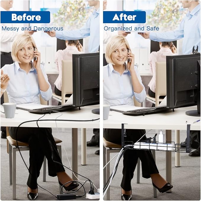 NoDrill 2 Pack 15.7" Under Desk Cable Management Tray, Sturdy Metal Cord Organizer for Office & Home Standing Desk