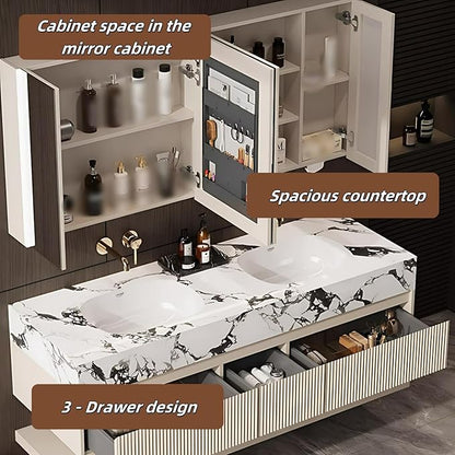 Fashionable Bathroom Vanity with Sink, Smart One-Click Defogging & LED Light, Bathroom Sink and Cabinet with Wave Striped Panel, Rockslab Countertop (Mirror, 56IN)