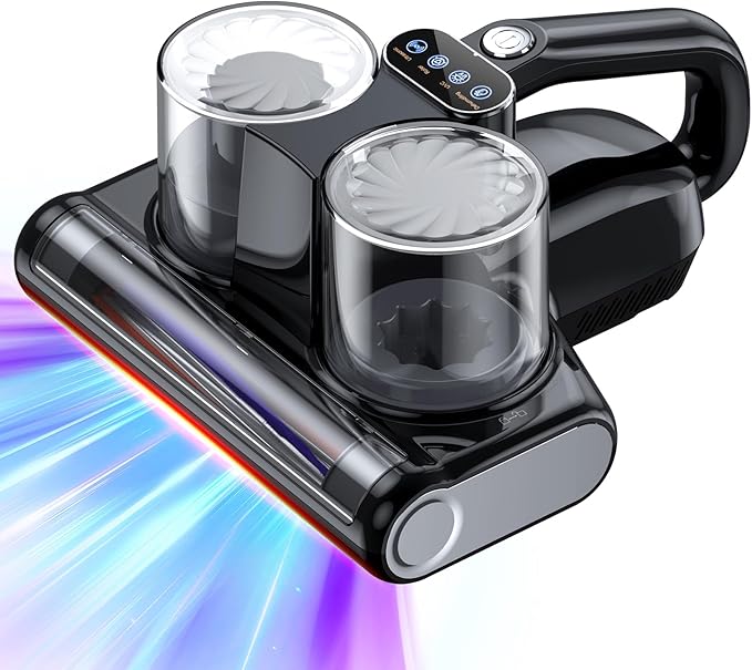 Mattress Vacuum Bed Vacuum Cleaner 16Kpa Suction 253.7nm UV-C Light, 140°F Heated Air, 30000 RPM Brushroll, Ultrasonic, HEPA Filter, Handheld Vacuums for Carpet/Sofa, 500W Corded, (Pitch-Black)