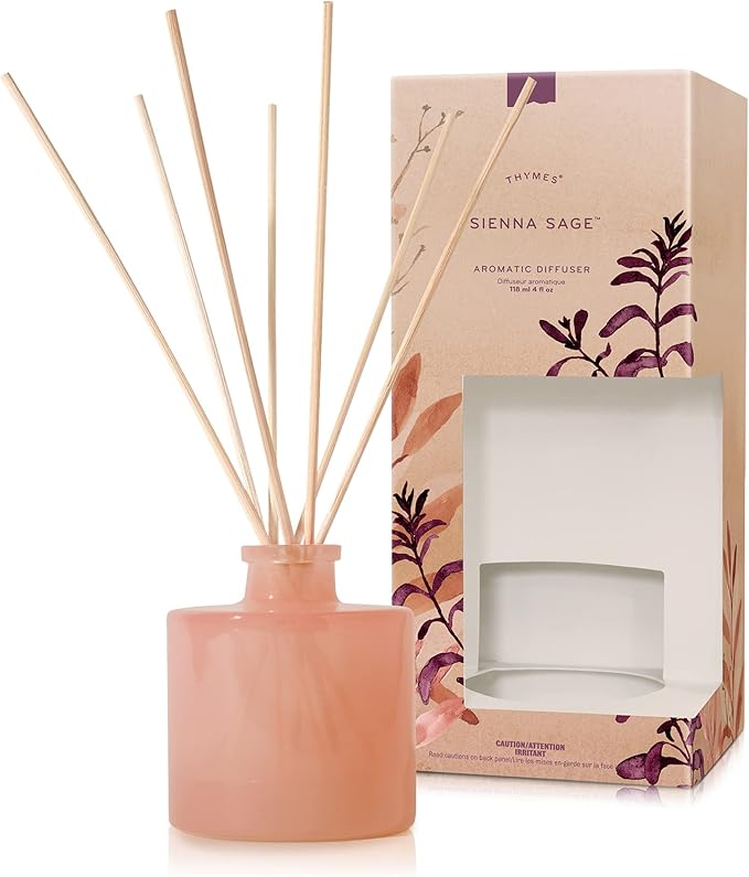 Thymes Petite Reed Diffuser Set – Includes Rattan Wood Sticks, Fragrance Oil, & Glass Bottle – Home Fragrance Oil Diffuser – Luxury Home Decor – Bedroom Decor (Sienna Sage, 4 fl oz)