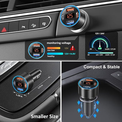 3 Pack USB C Car Charger, 4-Port 65W Dual 12V USB-A & USBC Cigarette Lighter Adapter Plug with Voltmeter PD/QC 3.0 Fast Charging Car Phone Charger for iPhone 17 16e 15 14 13 12 Pro Max, Android-Black