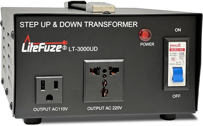LiteFuze 3000 Watt Voltage Converter Transformer Step Up/Down - 110v to 220v / 220v to 110v Power Converter - Fully USA Grounded Cord - Universal Outlet Socket, CE Certified