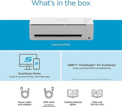 ScanSnap iX1300 Compact Wireless or USB Double-Sided Color Document, Photo & Receipt Scanner with Auto Document Feeder and Manual Feeder for Mac or PC, White