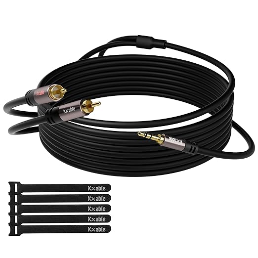 3.5mm to RCA Cable 50FT, 2 Male RCA to Aux Stereo Audio Adapter, Hi-Fi Sound Auxiliary Y Splitter Cord, Shielded 1/8 to 2RCA Cable for Headphone, MP3, Tablet, Speaker, HDTV, Phone and More