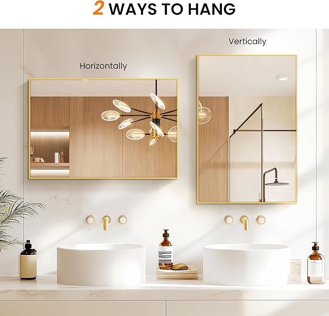 Bathroom Vanity Mirror for Wall, 2 Pack 36" x 24" Metal Framed Rectangular Bathroom Wall Mirror for Over Sink, HD Shatterproof Glass, Hangs Horizontally or Vertically(Gold)