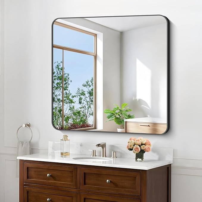 Black Bathroom Mirrors for Wall, 30"x30" Square Mirror, Rounded Corner Metal Frame Wall Mirror, Bathroom Vanity Mirror for Bedroom Living Room Entryway Horizontal Or Vertical Mounting