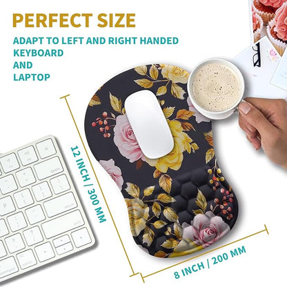 Hokafenle Ergonomic Mouse Pad Wrist Support, Wrist Rest Mousepad for Carpal Tunnel Pain Relief with Integrated Memory Foam Slope Massage Bulge (11.8x7.9 inch,Golden Powder Flower