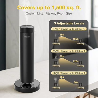 Waterless Diffuser,1500 Sq Ft,Ring Ambient Light,Rechargeable Wireless, Aluminum,Remote Control&Touch Buttons,Adjustable Fragrance Intensity&Timer,Hotel Collection Scent Machine - Satin Black