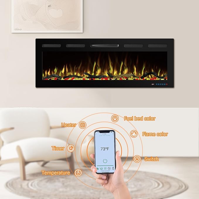 50" WiFi Electric Fireplace Inserts, Recessed and Wall Mounted Fireplace Heater W/Adjustable Flame Color & Brightness, Thermostat, 9H Timer, App and Remote Control, 750/1500W