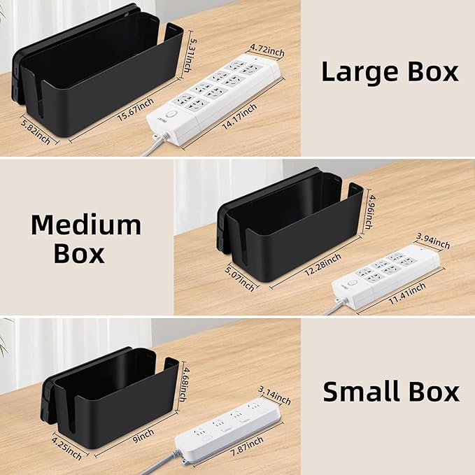 YaeCCC Cable Management Organizer Box Power Strips Hider Power Cords Hider for Desk, TV, Computer, USB Hub,Cords (Set of Three) Black