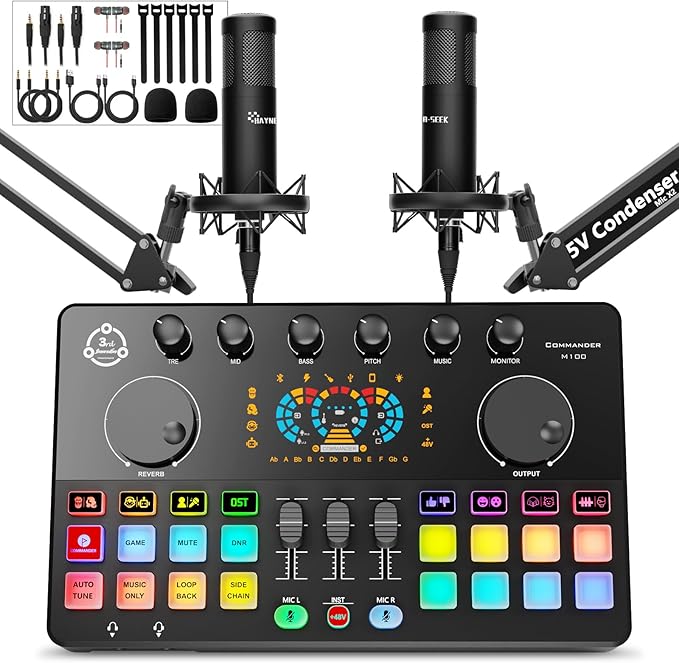 Podcast Equipment Bundle for 2, Audio Interface with Condenser Microphone, Voice Change, DJ Mixer for Streaming, Podcast Recording COMMANDER M100 3rd