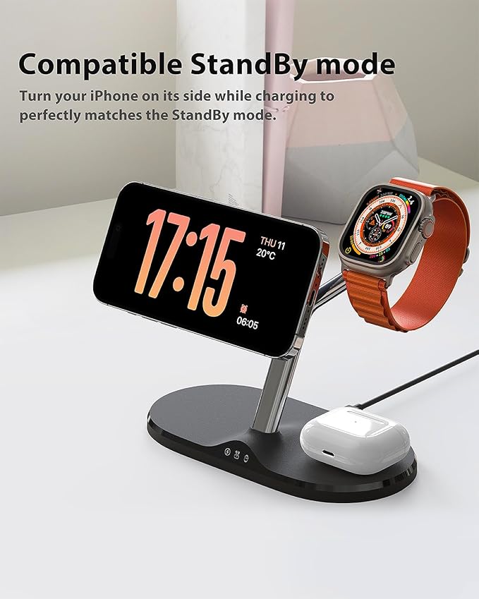 3-in-1 Wireless Charging Station for Apple Devices - Fast Charging Station for iPhone and Watch with MagSafe, Stable Charger Stand for iPhone 12-15 & iPhone 16 & iWatch & AirPods, Adapter Not Included