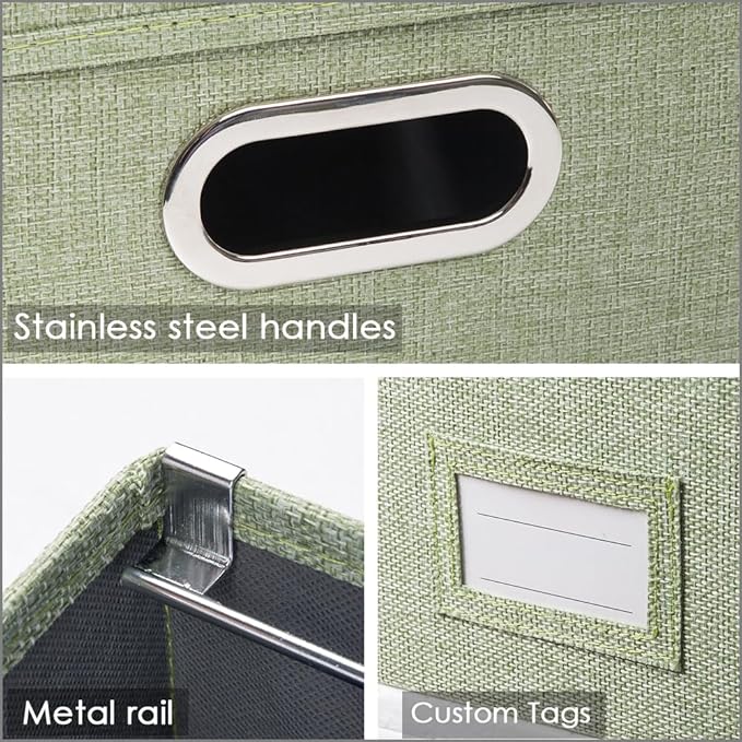 PRANDOM File Organizer Box - Set of 4 Collapsible Decorative Linen Filing Storage Hanging File Folders with Lids Office Cabinet Letter/Legal Size Green 17.1x14x11.1 inch