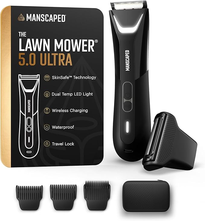 MANSCAPED® The Lawn Mower® 5.0 Ultra Groin & Body Hair Trimmer – Dual-Head SkinSafe® Trimmer & Foil Blades, Waterproof Wet/Dry Groomer, USB-C Rechargeable with Travel Case, Men’s Ball Shaver, Black