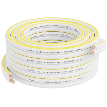 Mygatti 14AWG Speaker Wire 25 FT, 14/2 Gauge Audio Speaker Wire, for Car Speakers Stereo, Home Theater, Automotive Wire, White Jacket with Yellow Polarity Marker, CCA, 2 Conductors Electrical Wire