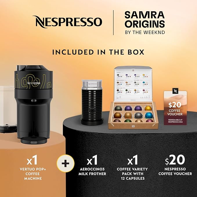Nespresso Vertuo Pop+ Coffee and Espresso Maker by De'Longhi, Samra Origins by The Weeknd Vertuo Buna Yellow Aeroccino3 milk frother