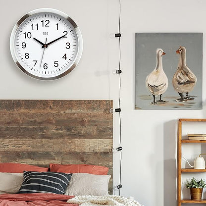 HITO 14" Silent Wall Clock Battery Operated Non Ticking Sweep Movement Glass Cover Silver Aluminum Frame, for Kitchen, Bedroom, Home Office, Living Room Decor