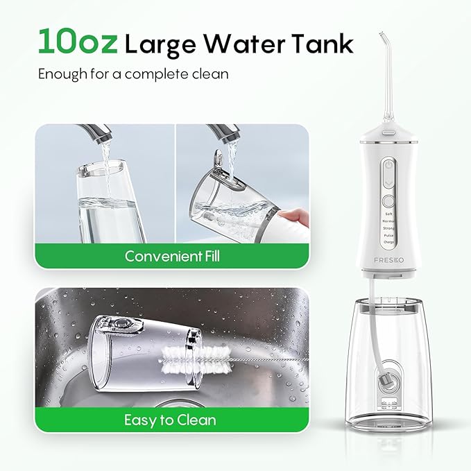 FRESKO Water Dental Flosser with Constant Pressure Technology - Portable Electric Flosser with 50-Day Battery, 10oz Tank, IPX7 Waterproof, 4 Modes & 5 Tips for Deep Oral Clean