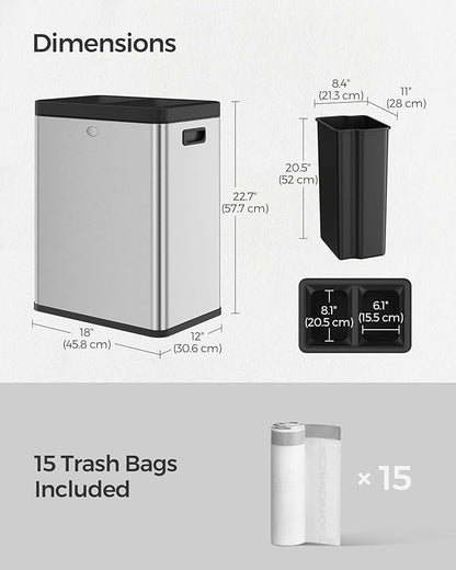 SONGMICS 2 x 6.6 Gallon Open Top Trash Can, Dual Compartment Garbage Can for Waste and Recycling, Stainless Steel, Trash Bin for Office, Restaurant, Commercial Use, Metallic Silver ULTB710E50