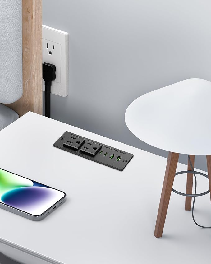 45W USB C Recessed Power Strip,Flush Mount Desk Recessed Outlet,Space-Saver for Furniture Side Table,2 USB-C &2 USB-A Ports,2 AC Outlets,6ft Cord,Ultra Thin Flat Plug