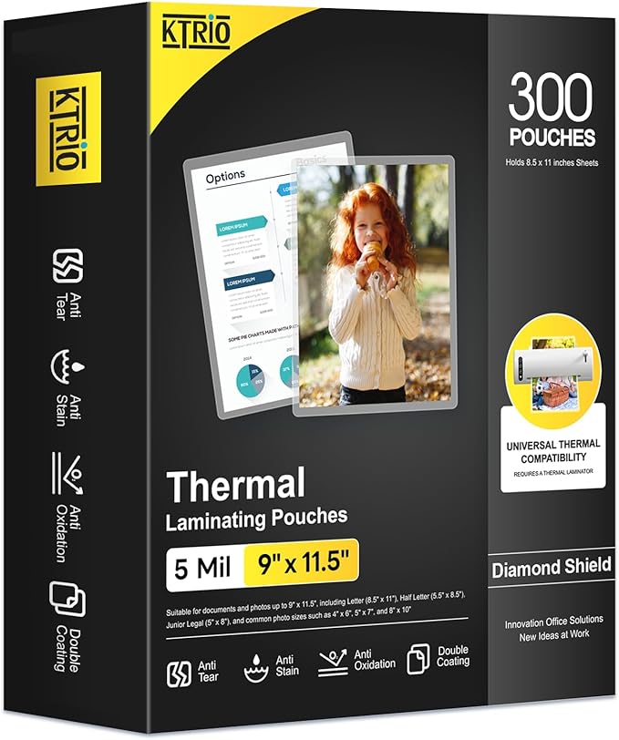 KTRIO 300 Pack Laminating Sheets 5 Mil, Hold 8.5 x 11 Inches Laminate Sheets, 9 x 11.5 Thermal Laminating Pouches for Laminator, Clear Lamination Sheets Paper, Letter Size, Office School Home Supplies
