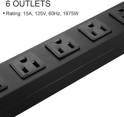 Metal Wall Mount Power Strip, Mountable Power Outlet with 6 AC Outlets, Aluminum Alloy Mount Power Socket with Switch, 6 FT SJT 3/C 14AWG Power Cord, 15A 125V 1875W (6AC) Black